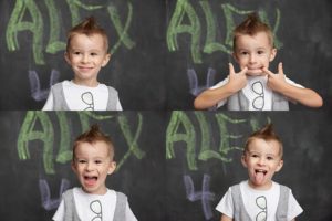 A young boy with short brown hair and a mohawk makes four different faces in front of a chalkboard with "ALEX" written in green. Captured by an Oakleaf Family photographer, he smiles, makes a silly face, shouts, and sticks out his tongue.