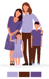 Illustration of a family of four—a woman, man, young girl in pigtails, and boy—standing closely together in shades of purple and brown. A color palette is shown beneath them, perfect inspiration for a North Florida Family Photographer.