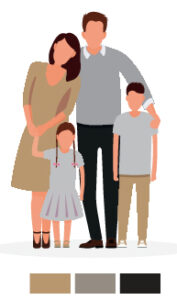 Illustration of a family with four members: a woman in a beige dress, a man in a gray sweater, a young girl in a light dress with pigtails, and a boy in beige pants—perfect inspiration for any North Florida Family Photographer.