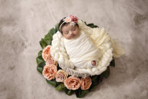A newborn baby wrapped in a white blanket sleeps peacefully in a nest of soft cream fabric, surrounded by pink and peach roses and green leaves, beautifully styled by a Jacksonville baby photographer on a light gray textured background.
